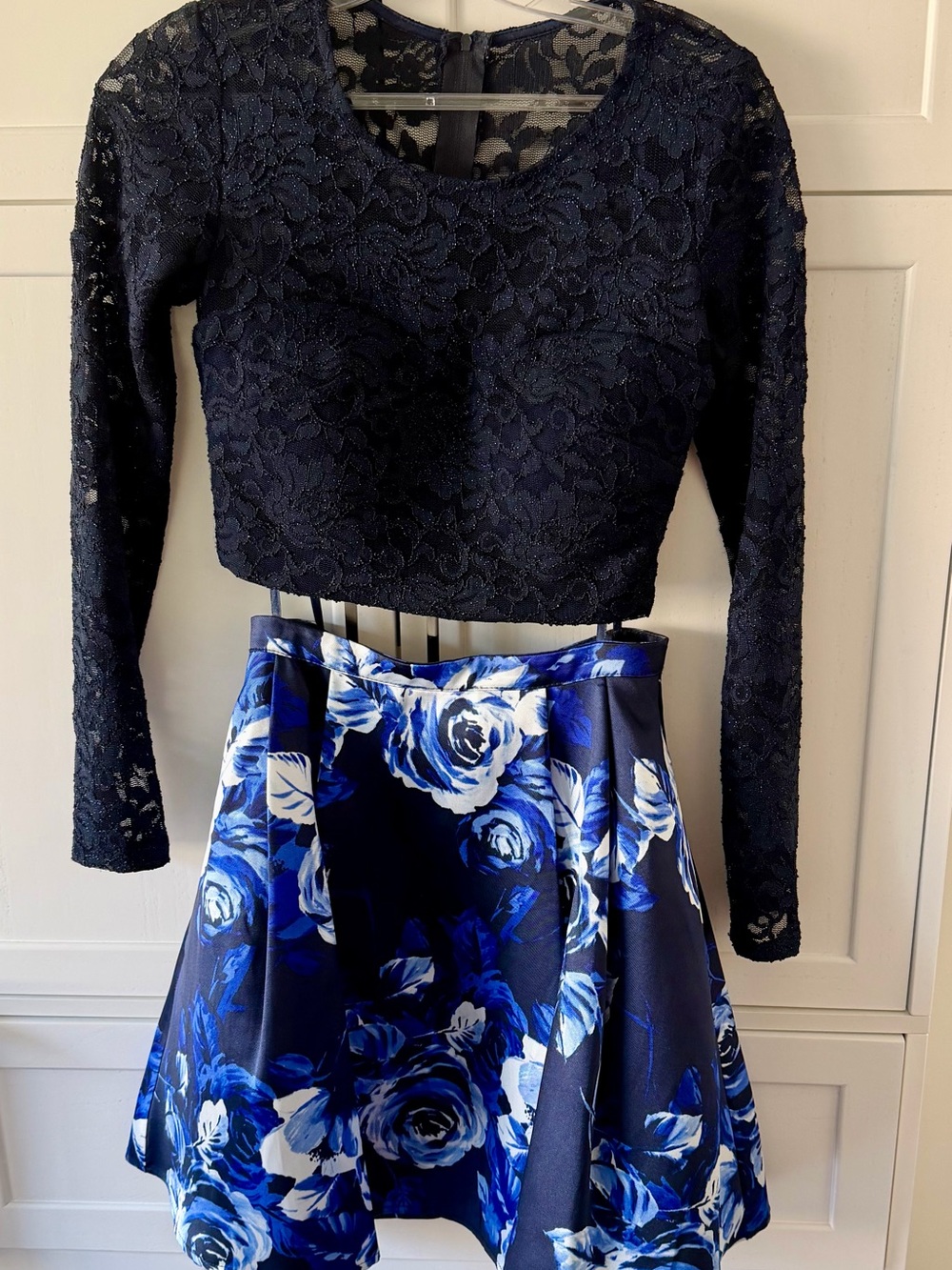 Sequin Hearts Navy Lace Long Sleeve Crop Top with Blue Floral Skirt
